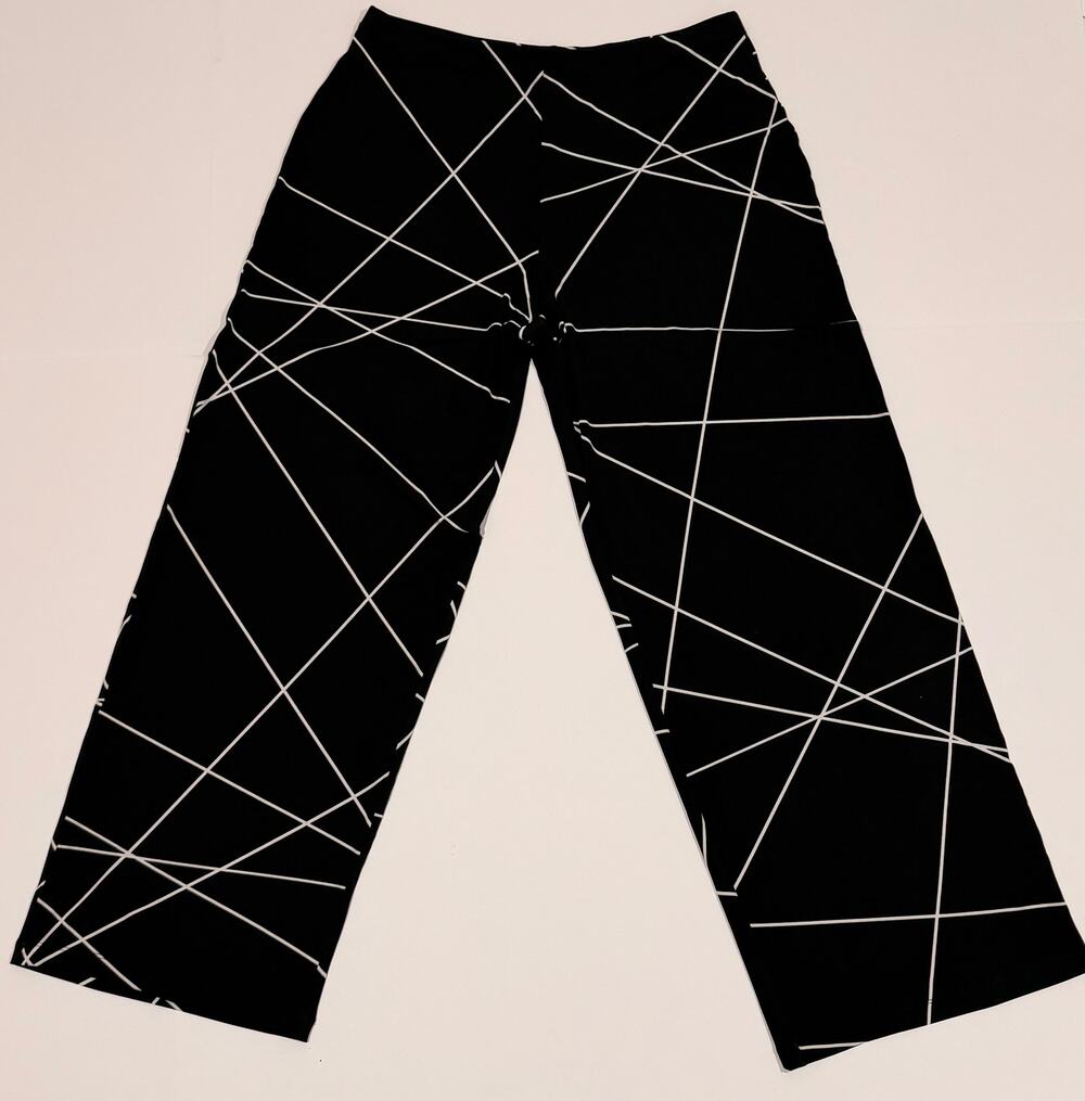 Alfani Women's Black White Abstract Line Wide Leg Pants Stretch Pull On Size L